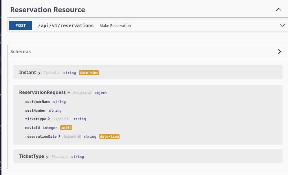 Swagger UI with reservation request